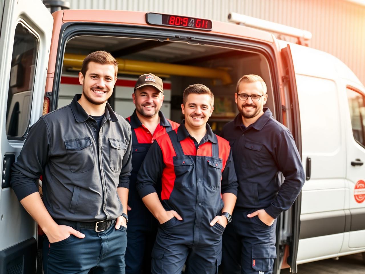 Das Team von Albert Heizungsbau vor dem Werkstattwagen